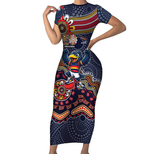 Personalized Adelaide Crows Mascot Short Sleeve Bodycon Dress Aboriginal Dot Art Style Vibrant Indigenous Pattern Design
