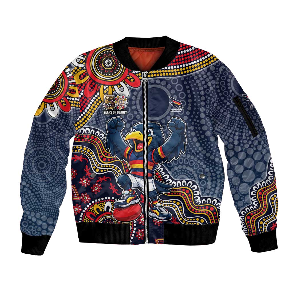 Personalized Adelaide Crows Mascot Sleeve Zip Bomber Jacket Aboriginal Dot Art Style Vibrant Indigenous Pattern Design