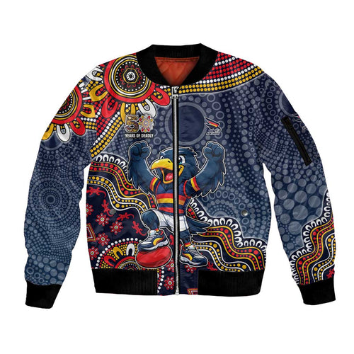 Personalized Adelaide Crows Mascot Sleeve Zip Bomber Jacket Aboriginal Dot Art Style Vibrant Indigenous Pattern Design