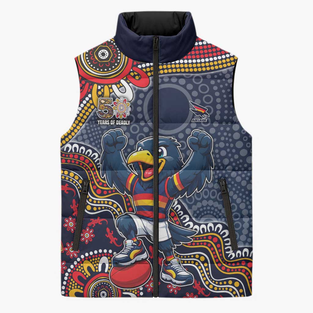 Personalized Adelaide Crows Mascot Sleeveless Puffer Jacket Aboriginal Dot Art Style Vibrant Indigenous Pattern Design