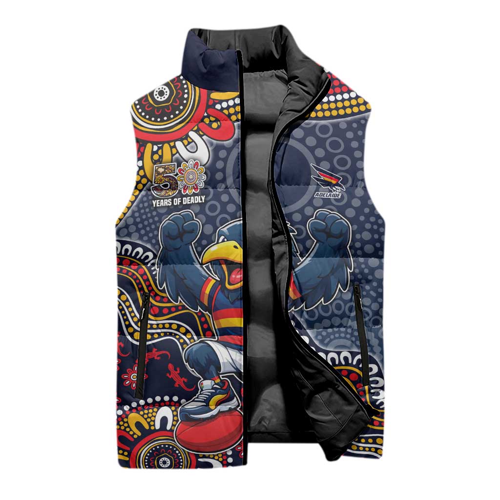 Personalized Adelaide Crows Mascot Sleeveless Puffer Jacket Aboriginal Dot Art Style Vibrant Indigenous Pattern Design