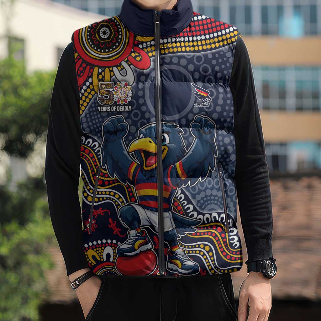 Personalized Adelaide Crows Mascot Sleeveless Puffer Jacket Aboriginal Dot Art Style Vibrant Indigenous Pattern Design