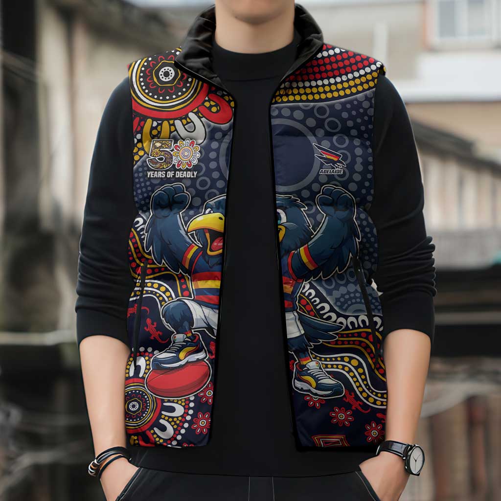 Personalized Adelaide Crows Mascot Sleeveless Puffer Jacket Aboriginal Dot Art Style Vibrant Indigenous Pattern Design