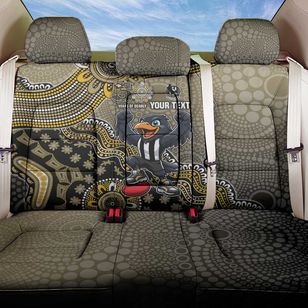 Personalized Magpies Football Mascot Back Car Seat Cover Aboriginal Dot Art Style Vibrant Indigenous Pattern Design