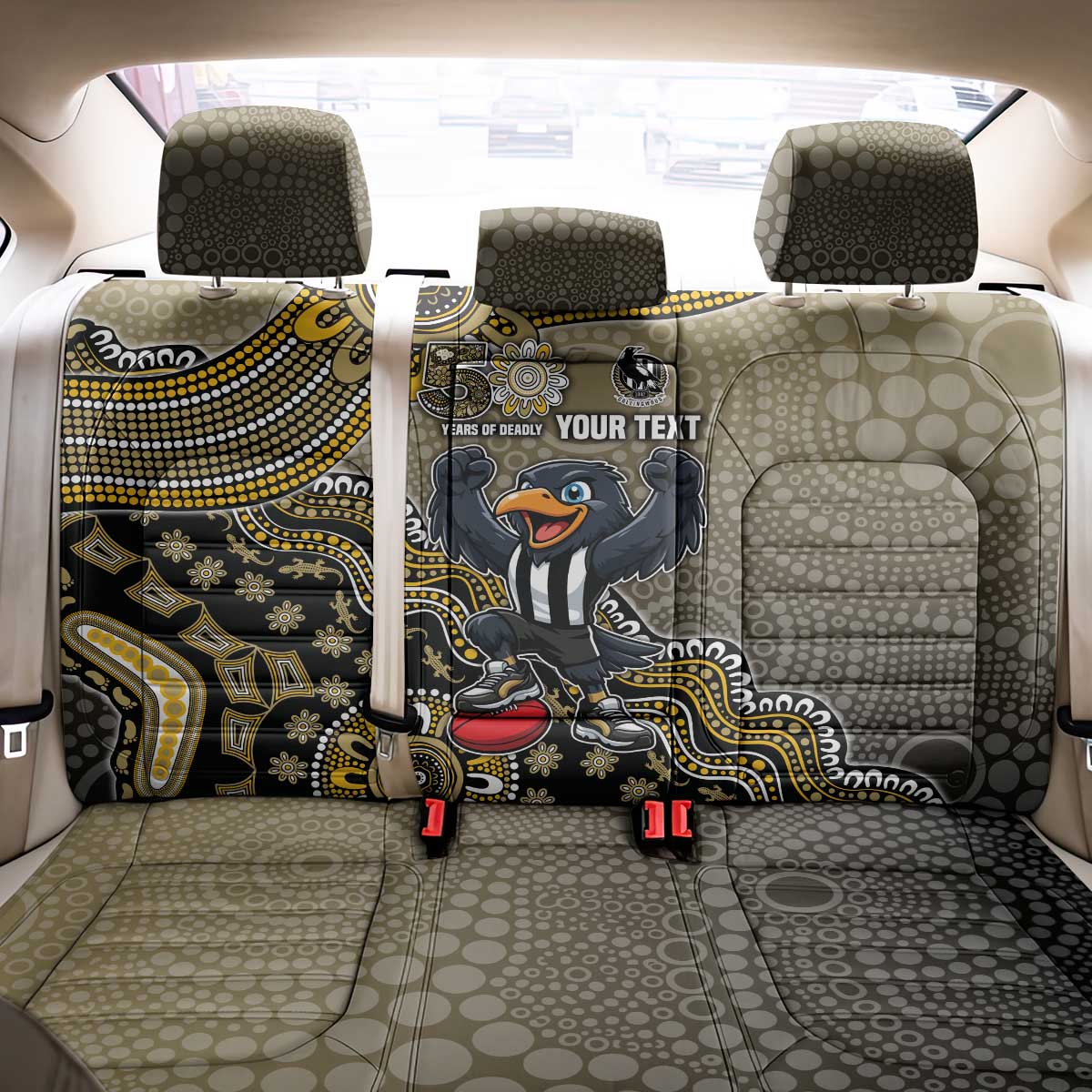Personalized Magpies Football Mascot Back Car Seat Cover Aboriginal Dot Art Style Vibrant Indigenous Pattern Design