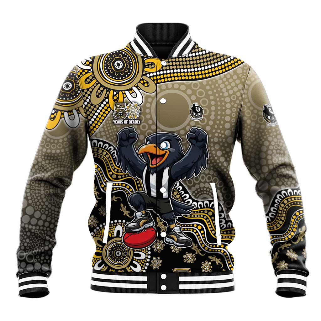 Personalized Magpies Football Mascot Baseball Jacket Aboriginal Dot Art Style Vibrant Indigenous Pattern Design