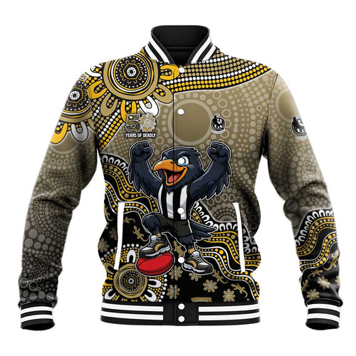 Personalized Magpies Football Mascot Baseball Jacket Aboriginal Dot Art Style Vibrant Indigenous Pattern Design