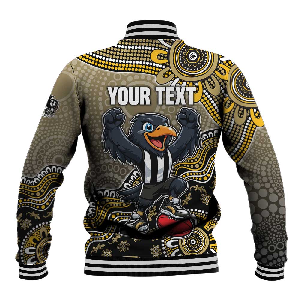 Personalized Magpies Football Mascot Baseball Jacket Aboriginal Dot Art Style Vibrant Indigenous Pattern Design
