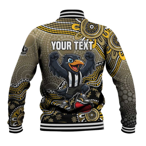Personalized Magpies Football Mascot Baseball Jacket Aboriginal Dot Art Style Vibrant Indigenous Pattern Design