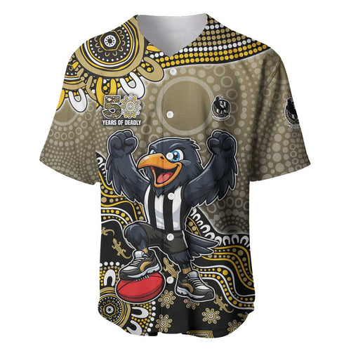 Personalized Magpies Football Mascot Baseball Jersey Aboriginal Dot Art Style Vibrant Indigenous Pattern Design