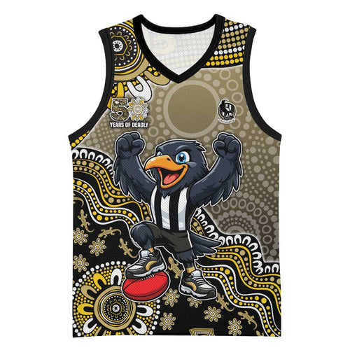 Personalized Magpies Football Mascot Basketball Jersey Aboriginal Dot Art Style Vibrant Indigenous Pattern Design