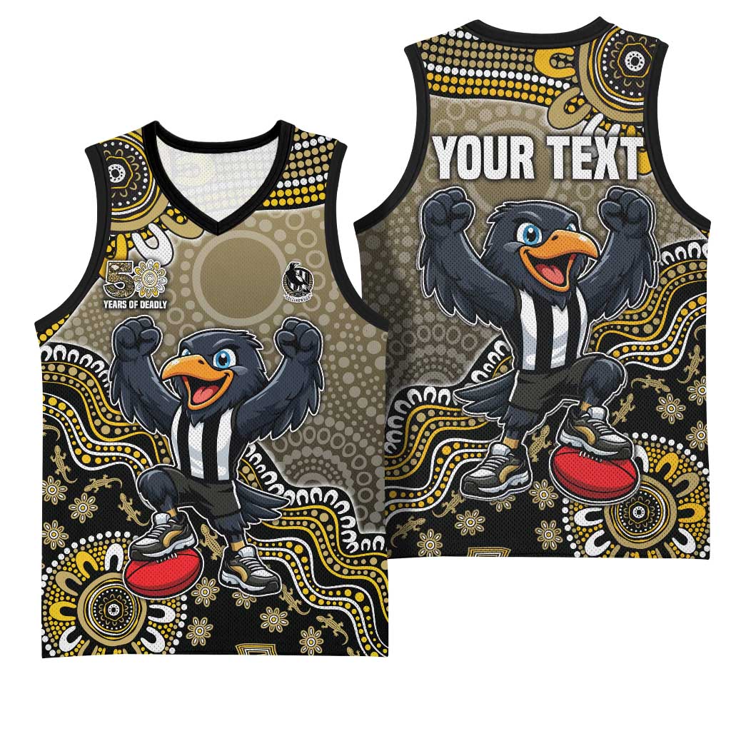 Personalized Magpies Football Mascot Basketball Jersey Aboriginal Dot Art Style Vibrant Indigenous Pattern Design