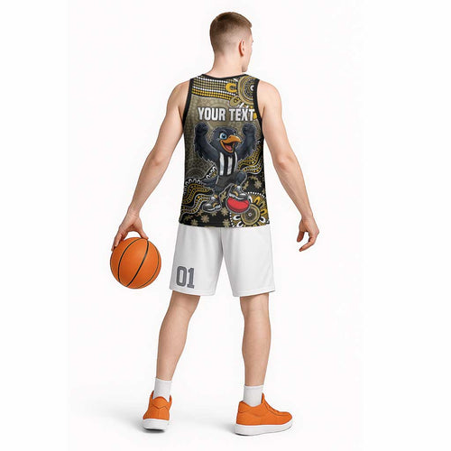 Personalized Magpies Football Mascot Basketball Jersey Aboriginal Dot Art Style Vibrant Indigenous Pattern Design