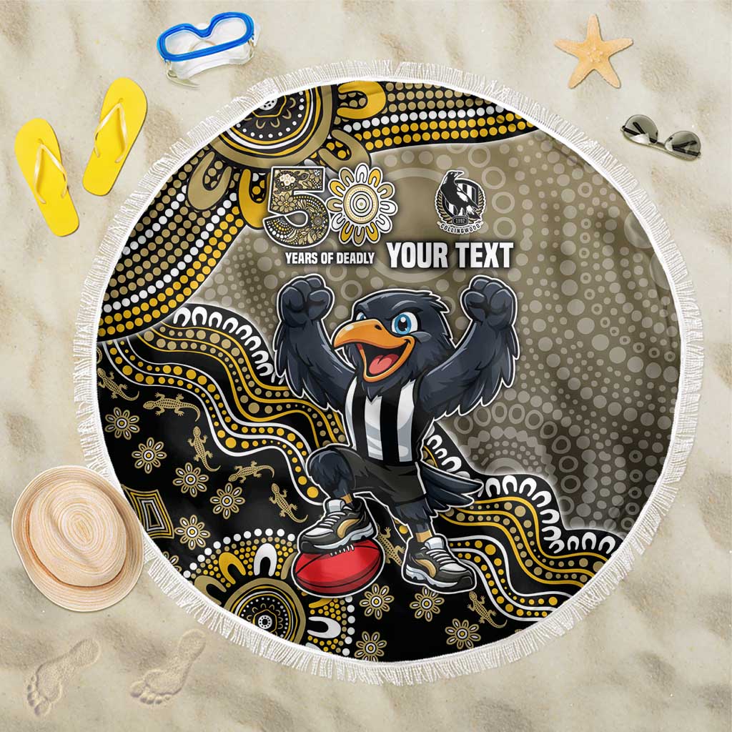 Personalized Magpies Football Mascot Beach Blanket Aboriginal Dot Art Style Vibrant Indigenous Pattern Design