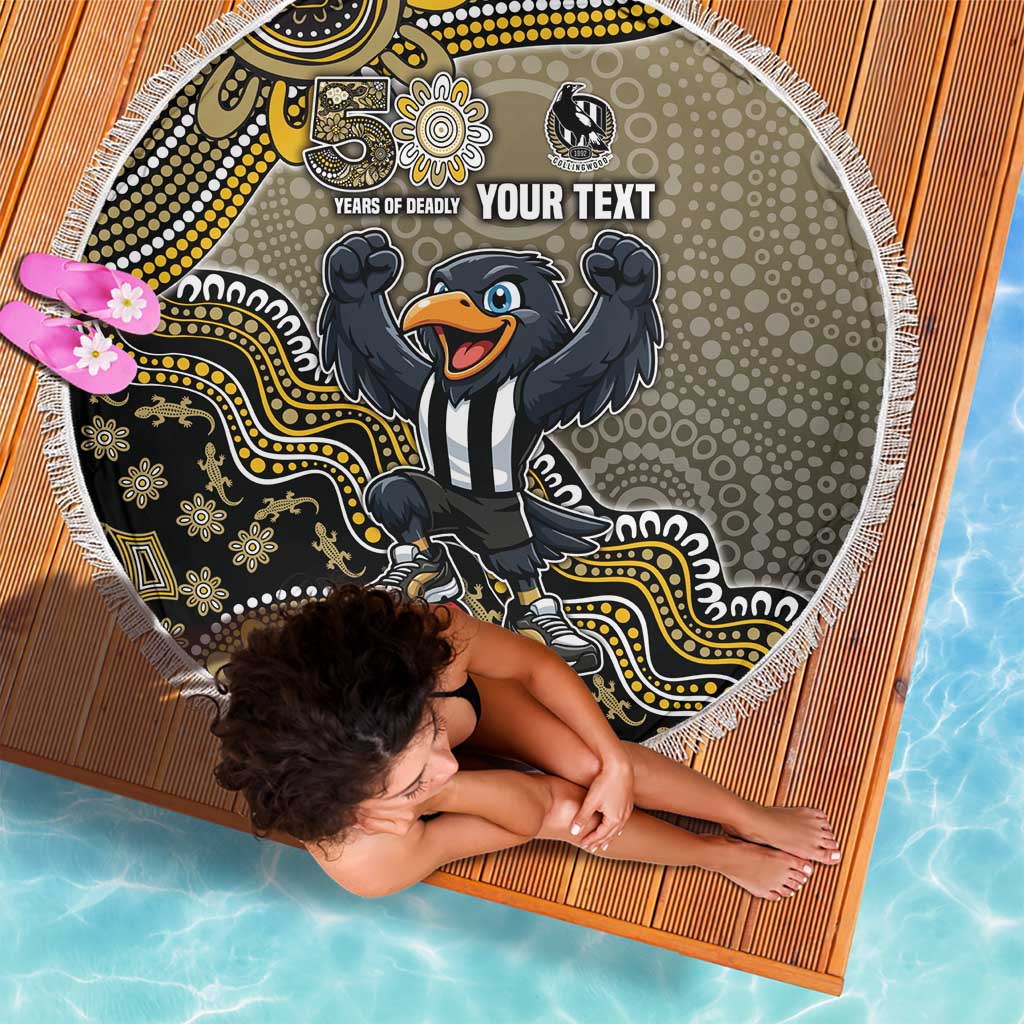 Personalized Magpies Football Mascot Beach Blanket Aboriginal Dot Art Style Vibrant Indigenous Pattern Design
