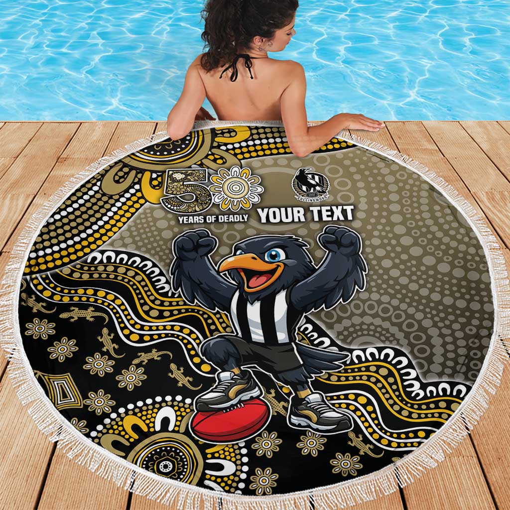 Personalized Magpies Football Mascot Beach Blanket Aboriginal Dot Art Style Vibrant Indigenous Pattern Design
