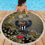 Personalized Magpies Football Mascot Beach Blanket Aboriginal Dot Art Style Vibrant Indigenous Pattern Design