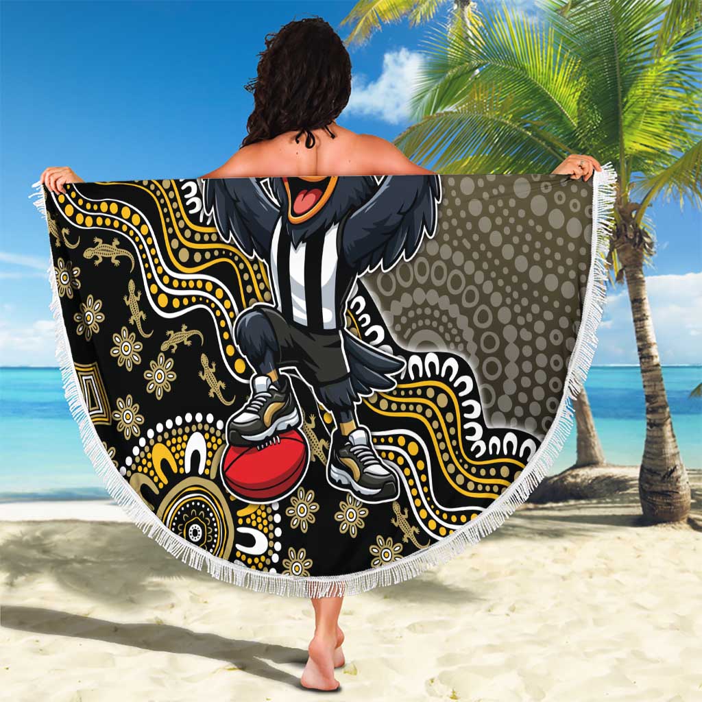 Personalized Magpies Football Mascot Beach Blanket Aboriginal Dot Art Style Vibrant Indigenous Pattern Design