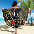 Personalized Magpies Football Mascot Beach Blanket Aboriginal Dot Art Style Vibrant Indigenous Pattern Design