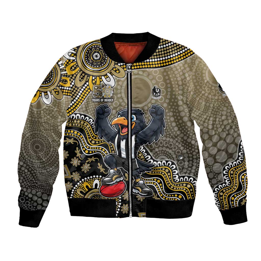 Personalized Magpies Football Mascot Bomber Jacket Aboriginal Dot Art Style Vibrant Indigenous Pattern Design