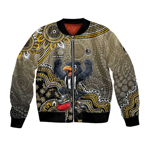 Personalized Magpies Football Mascot Bomber Jacket Aboriginal Dot Art Style Vibrant Indigenous Pattern Design