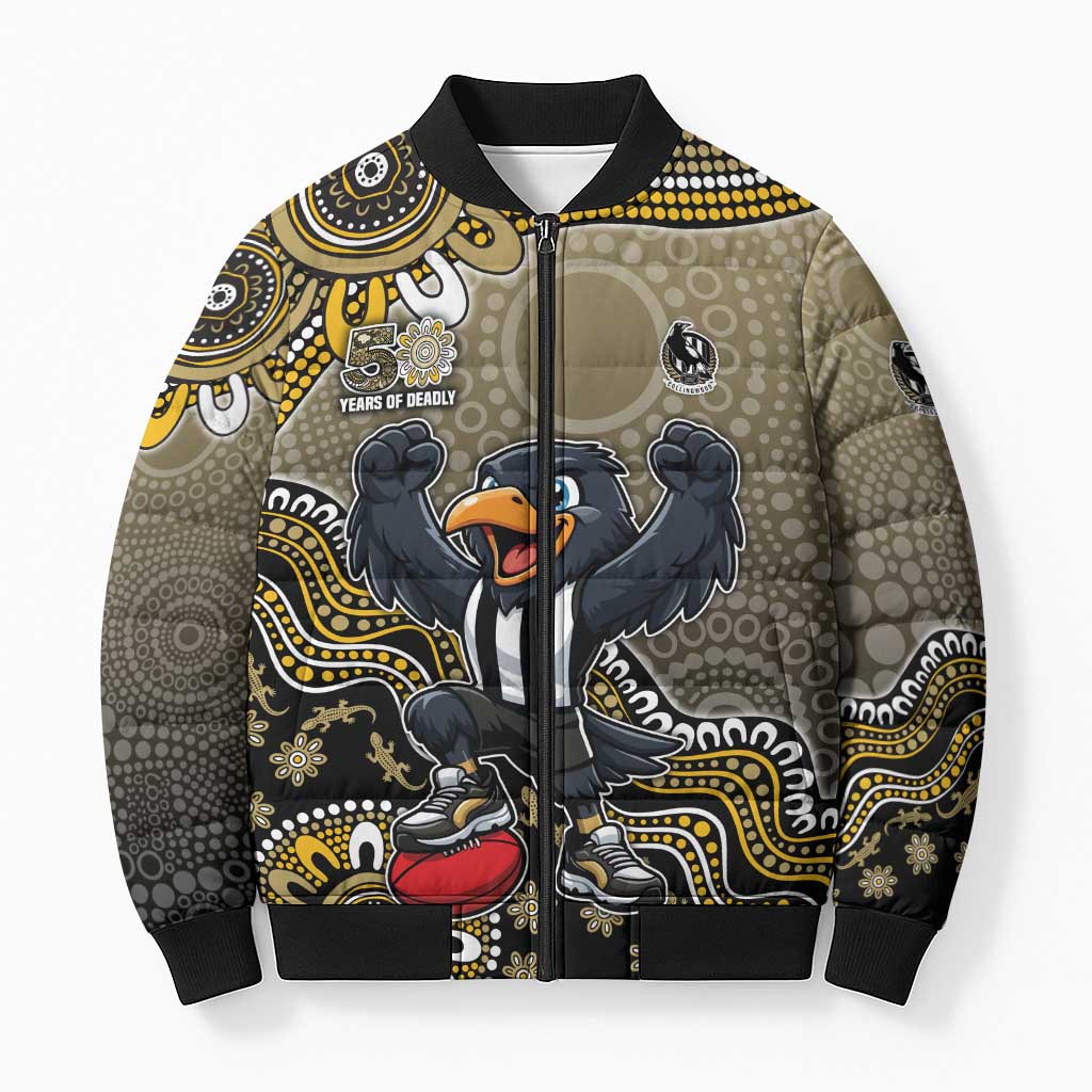 Personalized Magpies Football Mascot Bomber Puffer Jacket Aboriginal Dot Art Style Vibrant Indigenous Pattern Design