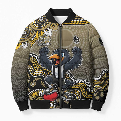 Personalized Magpies Football Mascot Bomber Puffer Jacket Aboriginal Dot Art Style Vibrant Indigenous Pattern Design