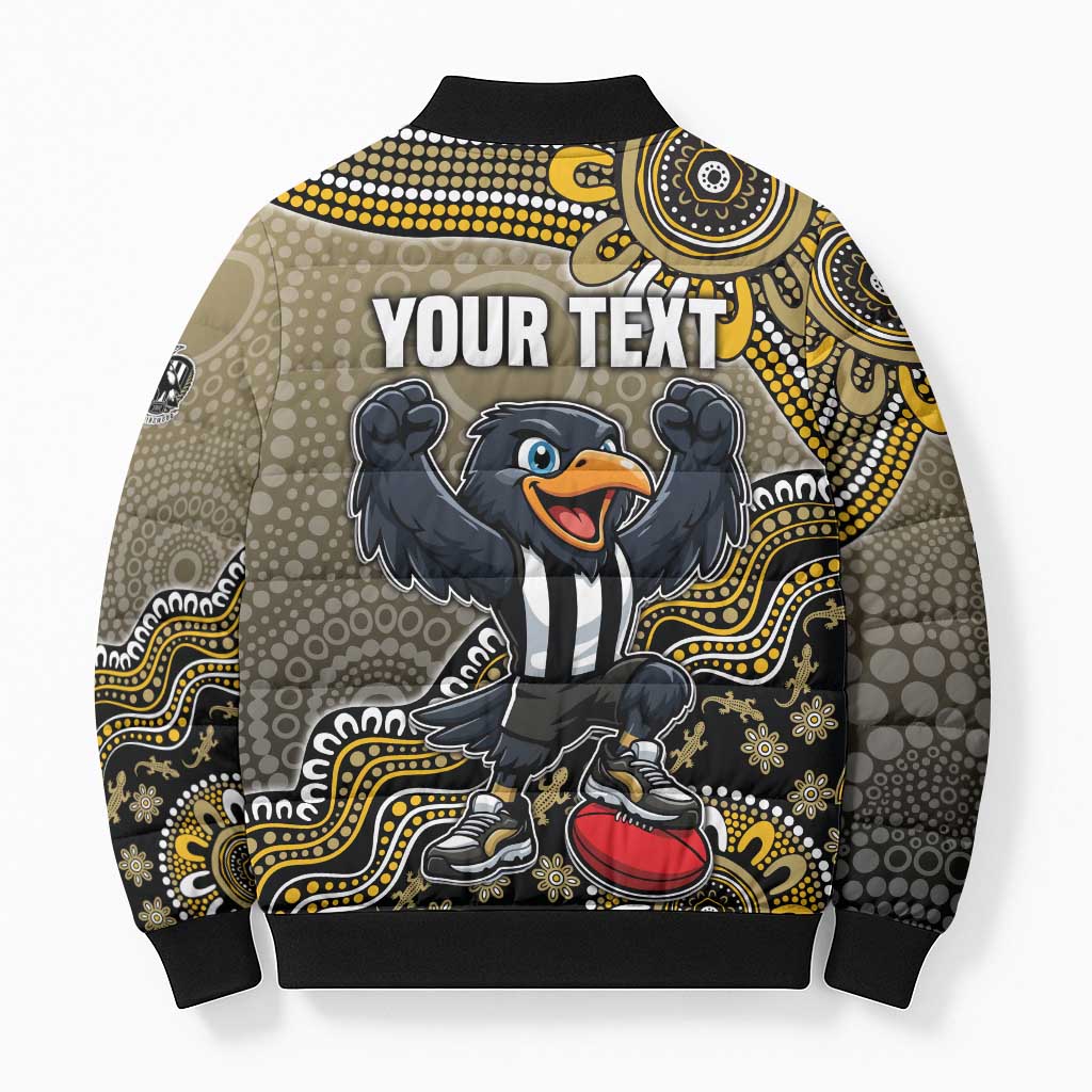 Personalized Magpies Football Mascot Bomber Puffer Jacket Aboriginal Dot Art Style Vibrant Indigenous Pattern Design