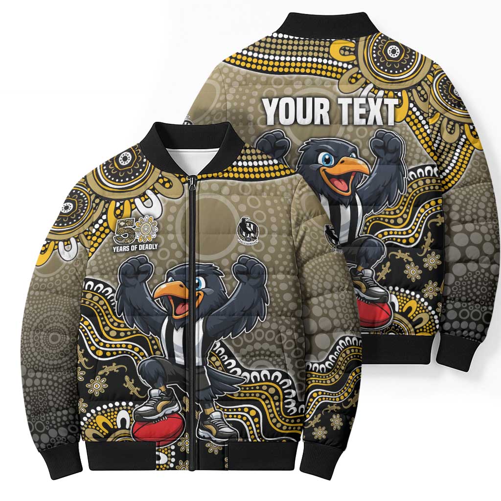 Personalized Magpies Football Mascot Bomber Puffer Jacket Aboriginal Dot Art Style Vibrant Indigenous Pattern Design
