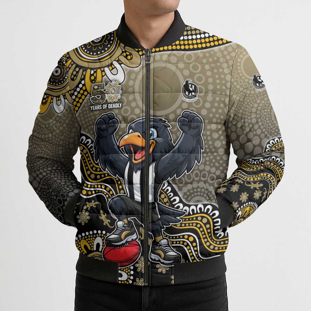 Personalized Magpies Football Mascot Bomber Puffer Jacket Aboriginal Dot Art Style Vibrant Indigenous Pattern Design