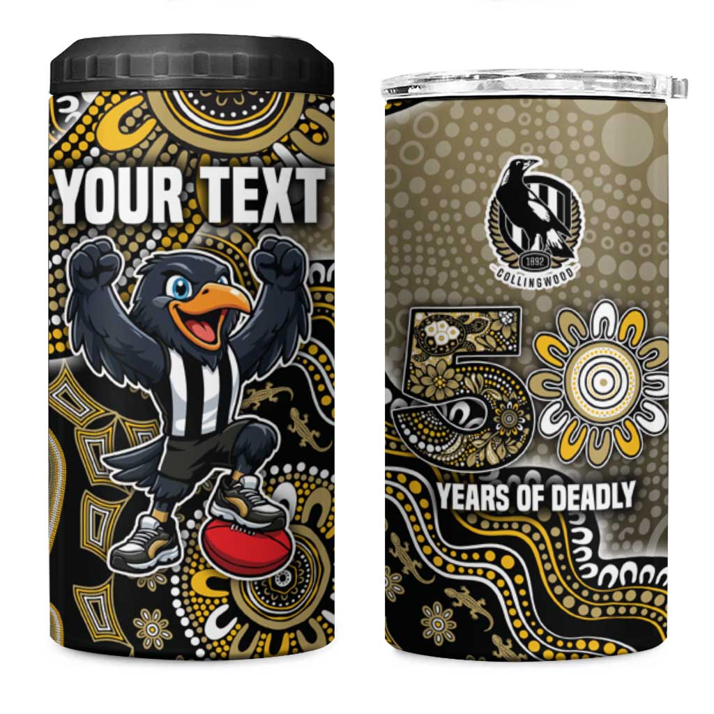 Personalized Magpies Football Mascot 4 in 1 Can Cooler Tumbler Aboriginal Dot Art Style Vibrant Indigenous Pattern Design