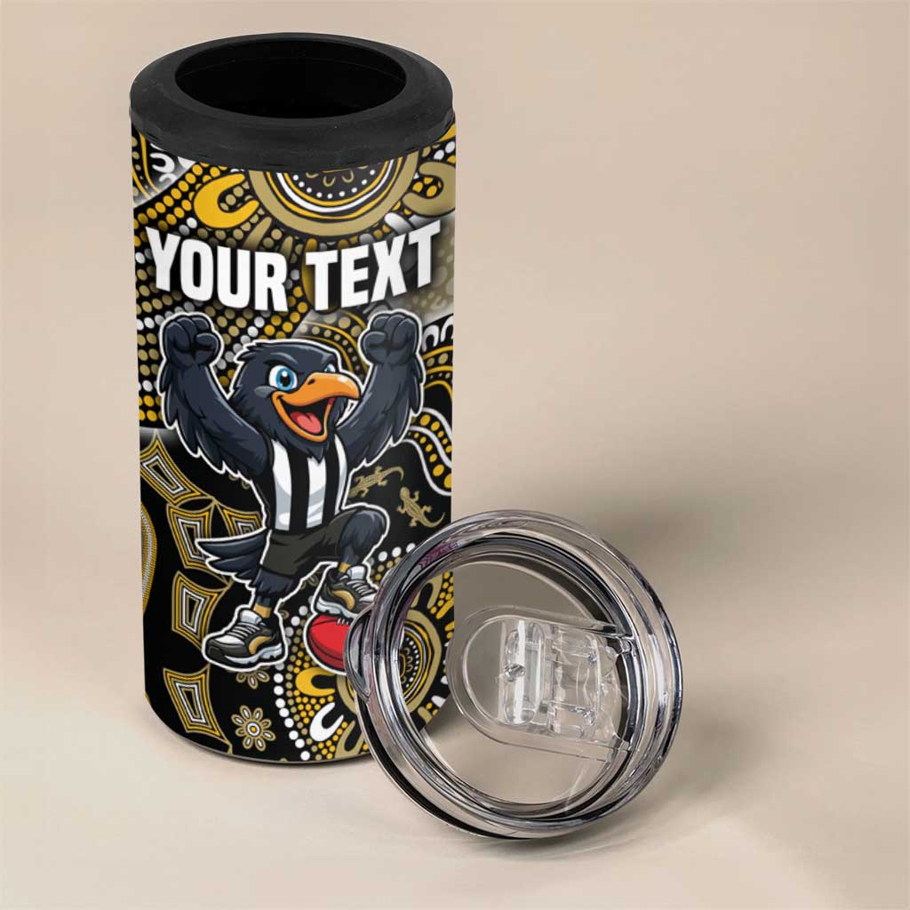 Personalized Magpies Football Mascot 4 in 1 Can Cooler Tumbler Aboriginal Dot Art Style Vibrant Indigenous Pattern Design