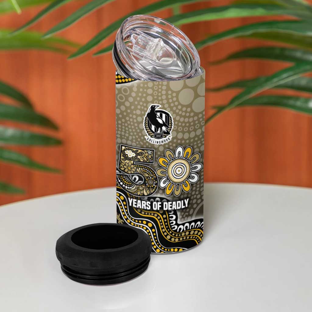 Personalized Magpies Football Mascot 4 in 1 Can Cooler Tumbler Aboriginal Dot Art Style Vibrant Indigenous Pattern Design