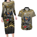 Personalized Magpies Football Mascot Couples Matching Long Sleeve Bodycon Dress and Hawaiian Shirt Aboriginal Dot Art Style Vibrant Indigenous Pattern Design