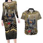 Personalized Magpies Football Mascot Couples Matching Long Sleeve Bodycon Dress and Hawaiian Shirt Aboriginal Dot Art Style Vibrant Indigenous Pattern Design