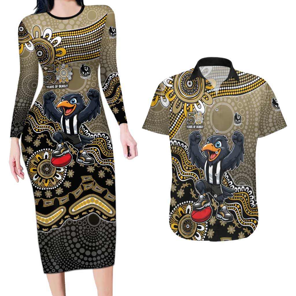 Personalized Magpies Football Mascot Couples Matching Long Sleeve Bodycon Dress and Hawaiian Shirt Aboriginal Dot Art Style Vibrant Indigenous Pattern Design