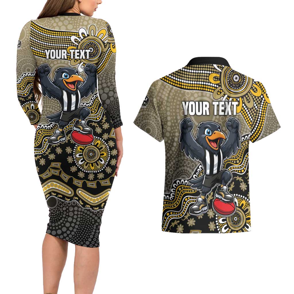 Personalized Magpies Football Mascot Couples Matching Long Sleeve Bodycon Dress and Hawaiian Shirt Aboriginal Dot Art Style Vibrant Indigenous Pattern Design