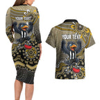 Personalized Magpies Football Mascot Couples Matching Long Sleeve Bodycon Dress and Hawaiian Shirt Aboriginal Dot Art Style Vibrant Indigenous Pattern Design