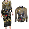 Personalized Magpies Football Mascot Couples Matching Long Sleeve Bodycon Dress and Long Sleeve Button Shirt Aboriginal Dot Art Style Vibrant Indigenous Pattern Design