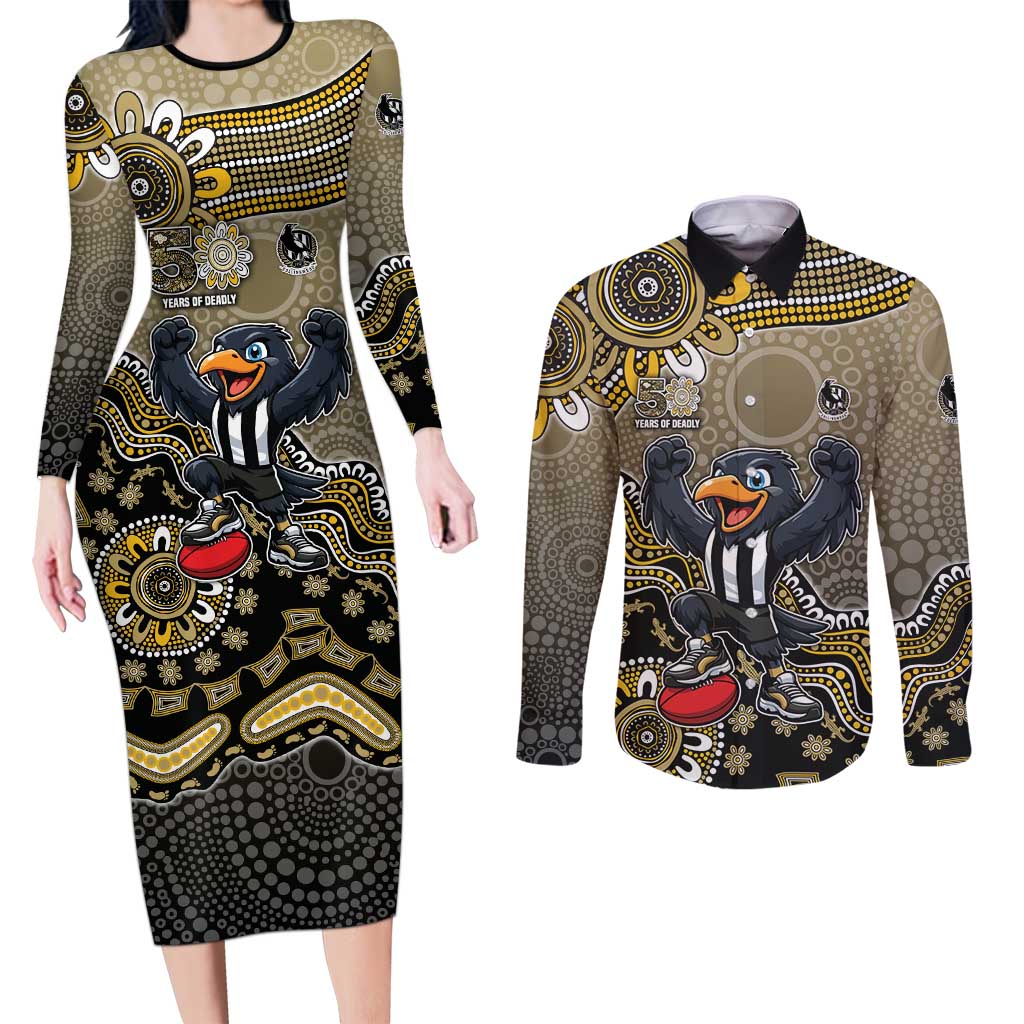 Personalized Magpies Football Mascot Couples Matching Long Sleeve Bodycon Dress and Long Sleeve Button Shirt Aboriginal Dot Art Style Vibrant Indigenous Pattern Design