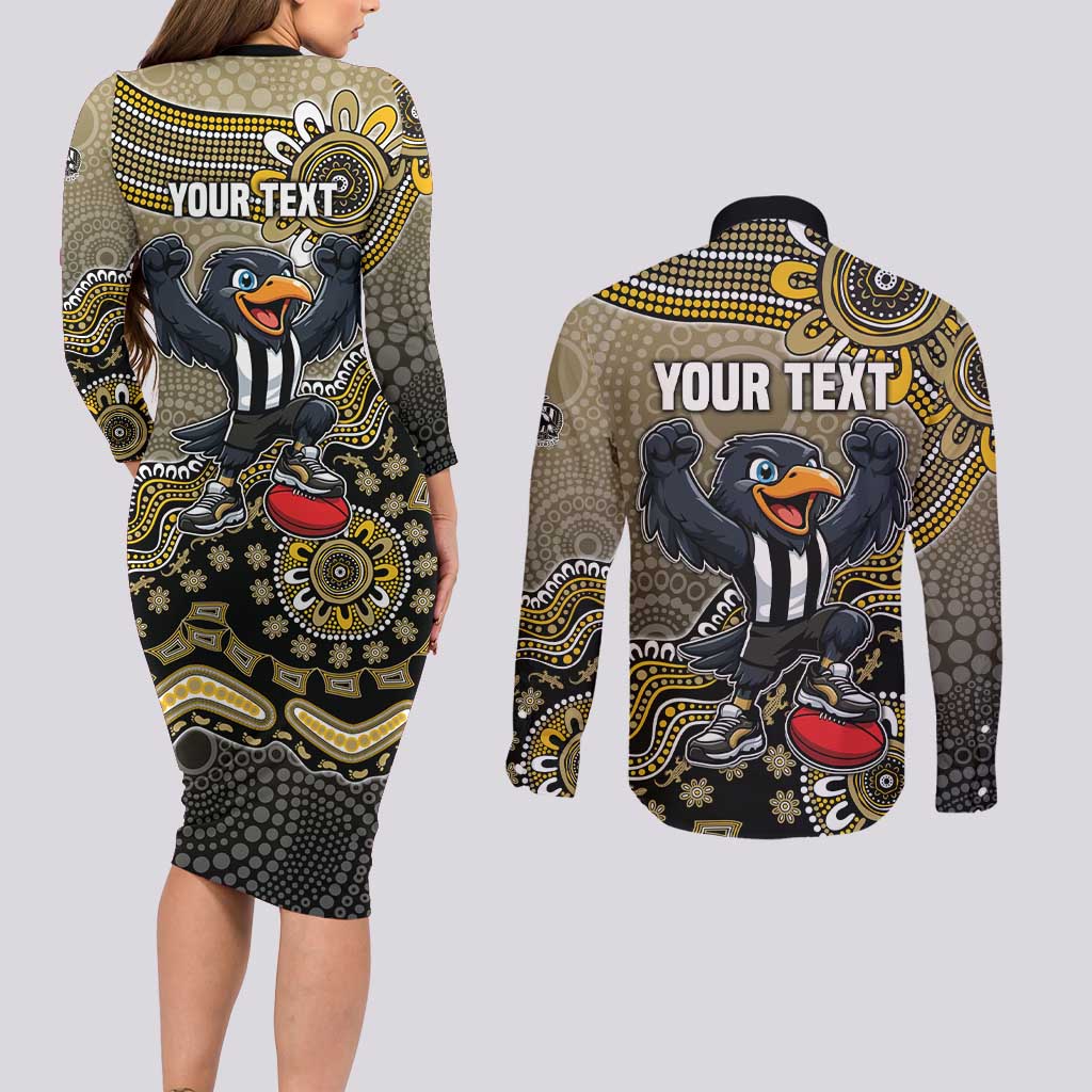 Personalized Magpies Football Mascot Couples Matching Long Sleeve Bodycon Dress and Long Sleeve Button Shirt Aboriginal Dot Art Style Vibrant Indigenous Pattern Design