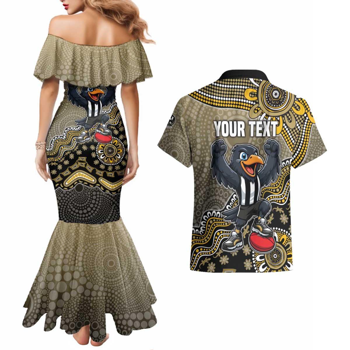 Personalized Magpies Football Mascot Couples Matching Mermaid Dress and Hawaiian Shirt Aboriginal Dot Art Style Vibrant Indigenous Pattern Design