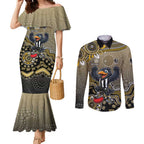 Personalized Magpies Football Mascot Couples Matching Mermaid Dress and Long Sleeve Button Shirt Aboriginal Dot Art Style Vibrant Indigenous Pattern Design