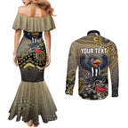 Personalized Magpies Football Mascot Couples Matching Mermaid Dress and Long Sleeve Button Shirt Aboriginal Dot Art Style Vibrant Indigenous Pattern Design