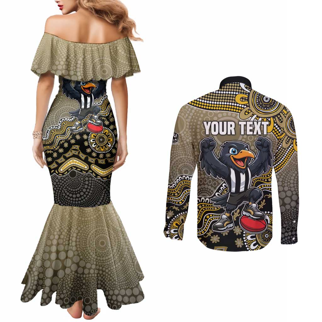 Personalized Magpies Football Mascot Couples Matching Mermaid Dress and Long Sleeve Button Shirt Aboriginal Dot Art Style Vibrant Indigenous Pattern Design