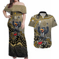Personalized Magpies Football Mascot Couples Matching Off Shoulder Maxi Dress and Hawaiian Shirt Aboriginal Dot Art Style Vibrant Indigenous Pattern Design