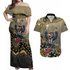 Personalized Magpies Football Mascot Couples Matching Off Shoulder Maxi Dress and Hawaiian Shirt Aboriginal Dot Art Style Vibrant Indigenous Pattern Design