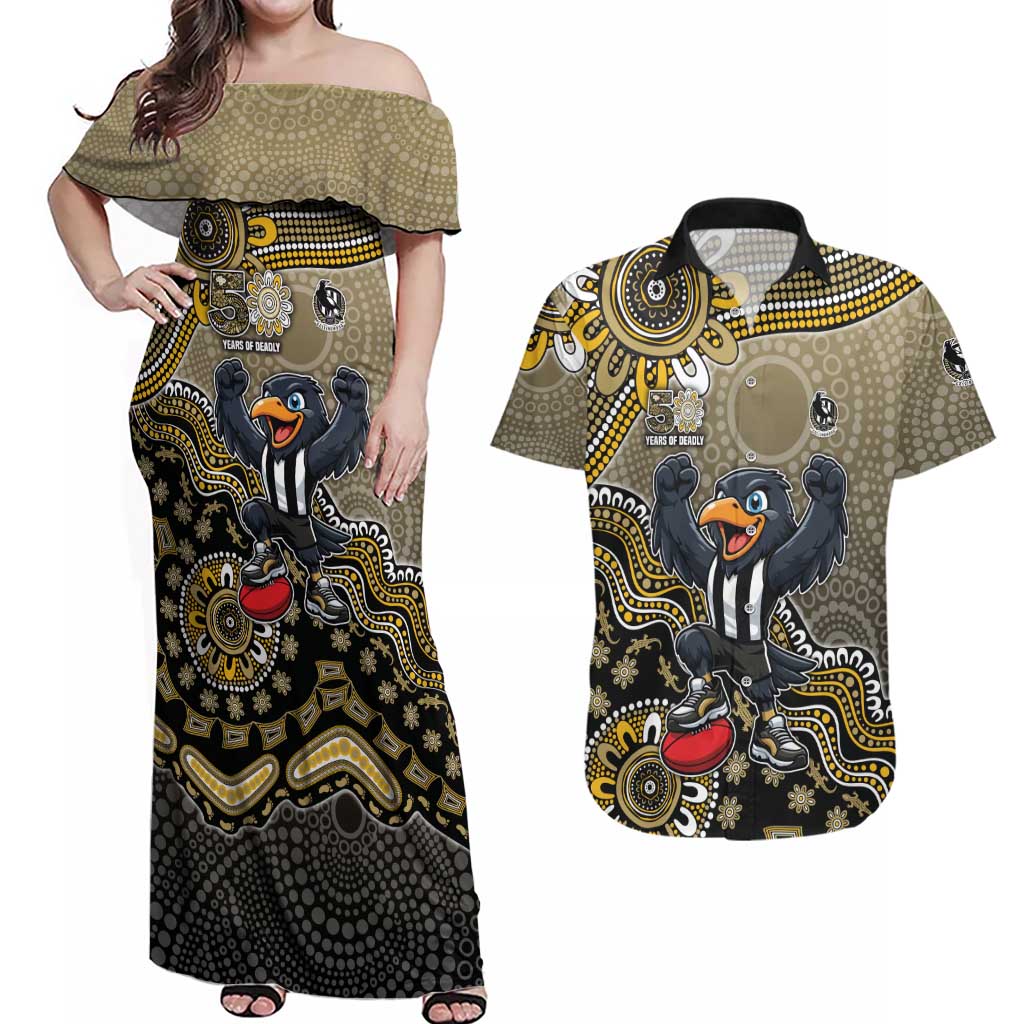 Personalized Magpies Football Mascot Couples Matching Off Shoulder Maxi Dress and Hawaiian Shirt Aboriginal Dot Art Style Vibrant Indigenous Pattern Design