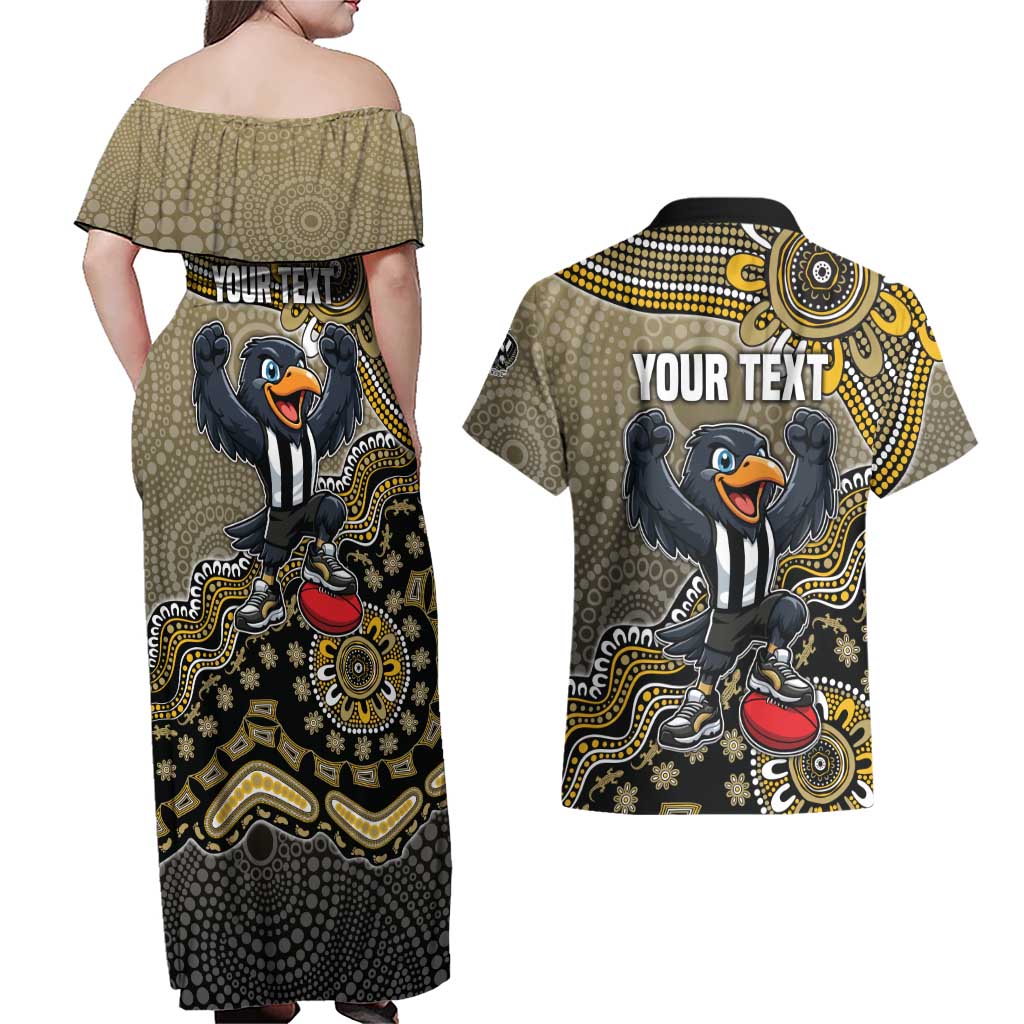Personalized Magpies Football Mascot Couples Matching Off Shoulder Maxi Dress and Hawaiian Shirt Aboriginal Dot Art Style Vibrant Indigenous Pattern Design