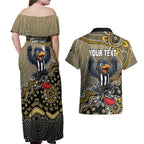 Personalized Magpies Football Mascot Couples Matching Off Shoulder Maxi Dress and Hawaiian Shirt Aboriginal Dot Art Style Vibrant Indigenous Pattern Design